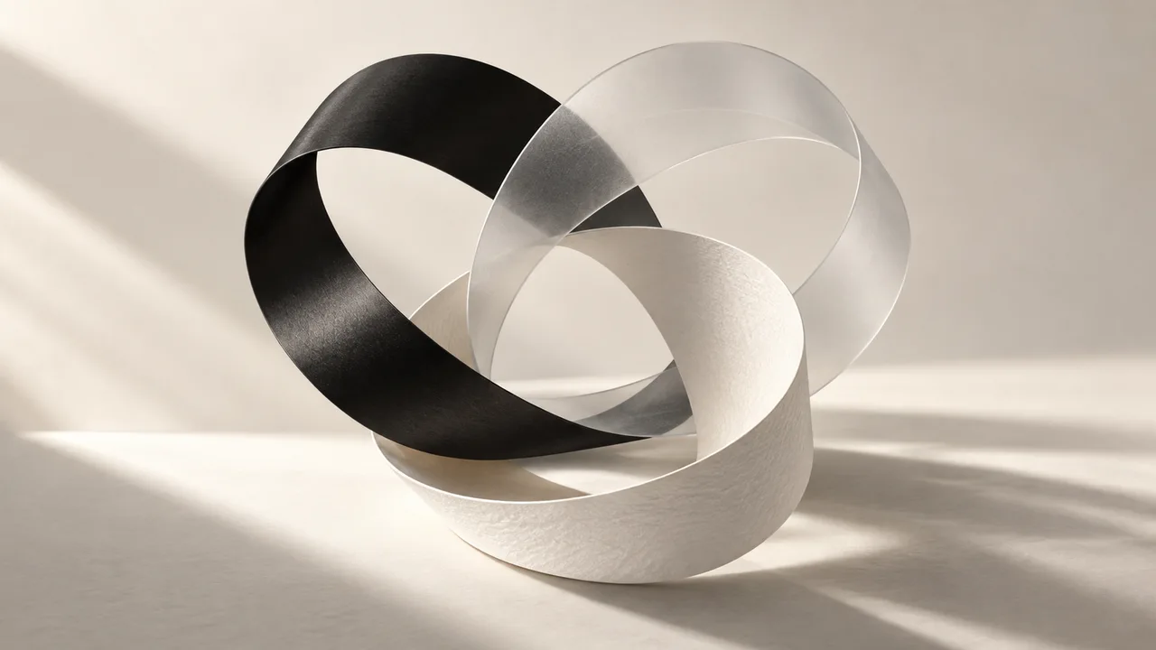 Distinct ribbons meeting at a shared center — Open Media concept artwork