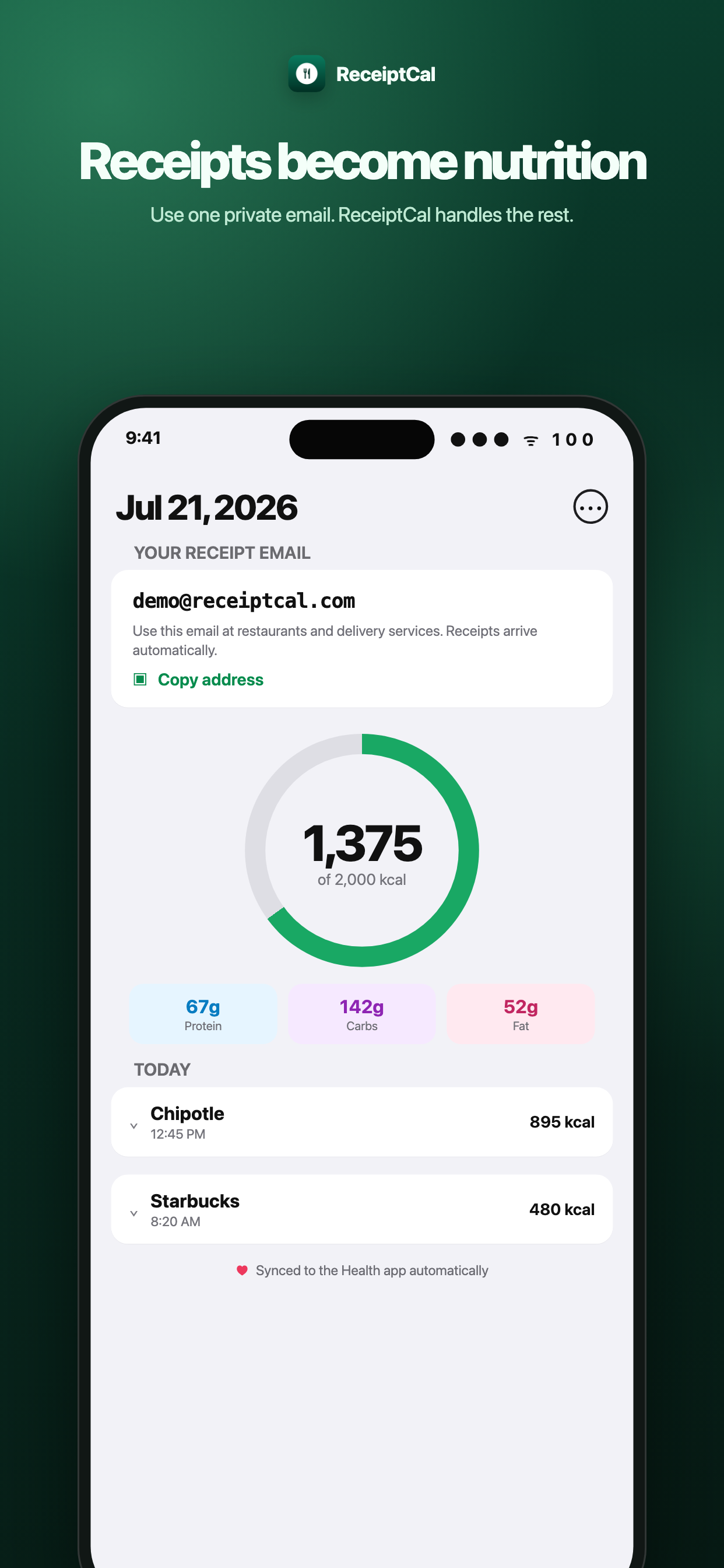 ReceiptCal dashboard showing calories and macronutrients from email receipts